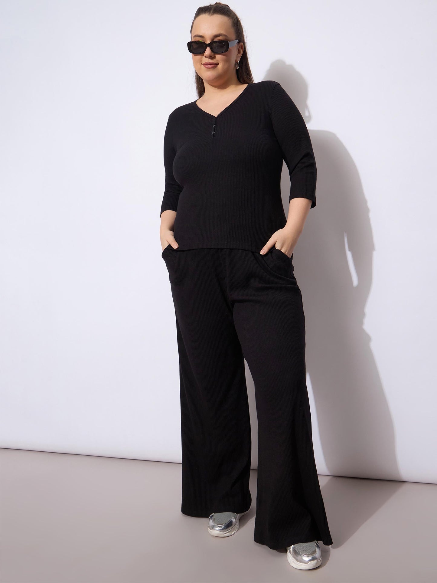Black Rib Straight Pants With V Neck Top