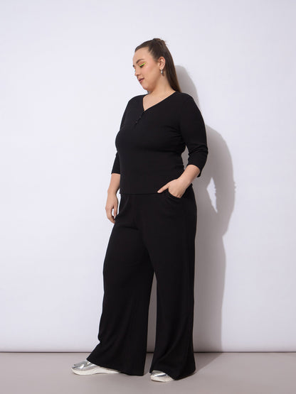 Black Rib Straight Pants With V Neck Top