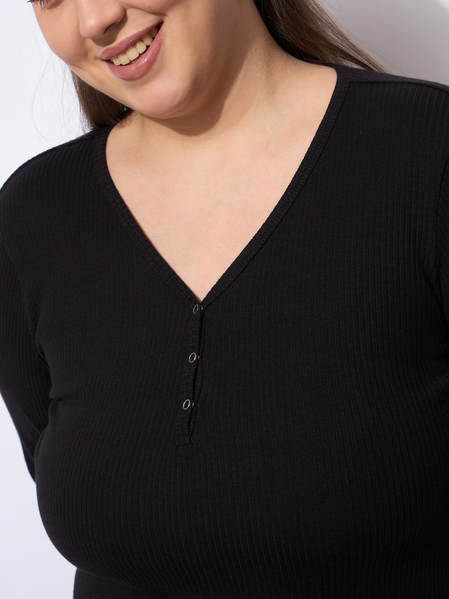 Black Rib Straight Pants With V Neck Top