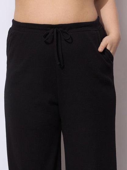 Black Rib Straight Pants With V Neck Top