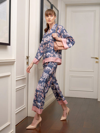 Navy Floral Notch Collar Shirt With Lounge Pants