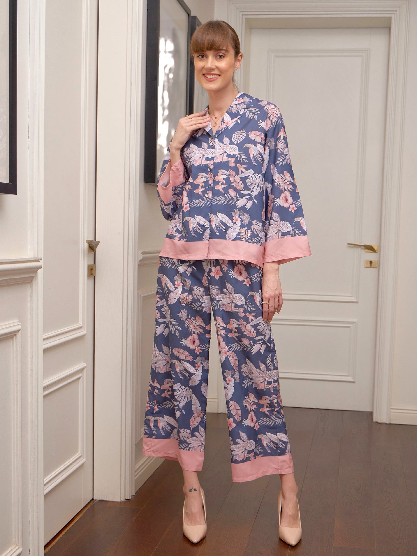 Navy Floral Notch Collar Shirt With Lounge Pants