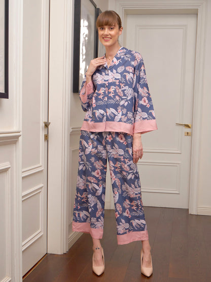 Navy Floral Notch Collar Shirt With Lounge Pants
