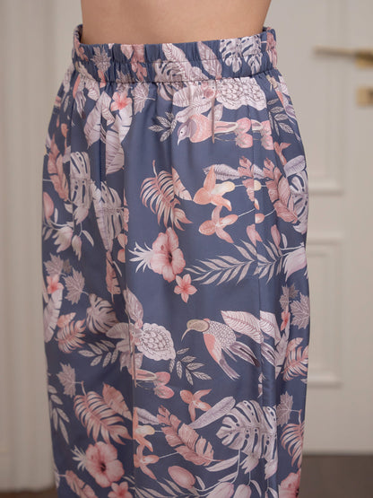 Navy Floral Notch Collar Shirt With Lounge Pants