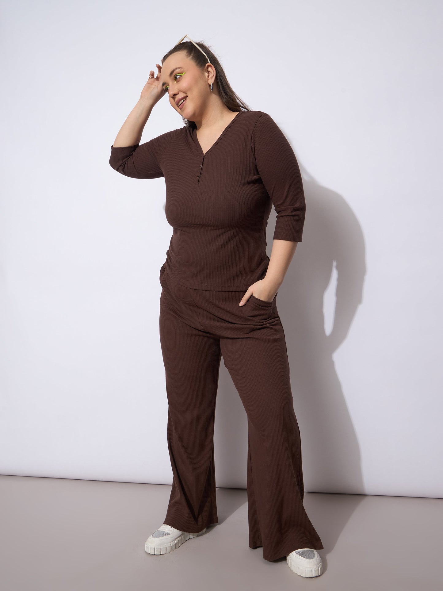 Dark Brown Rib Straight Pants With V Neck Top