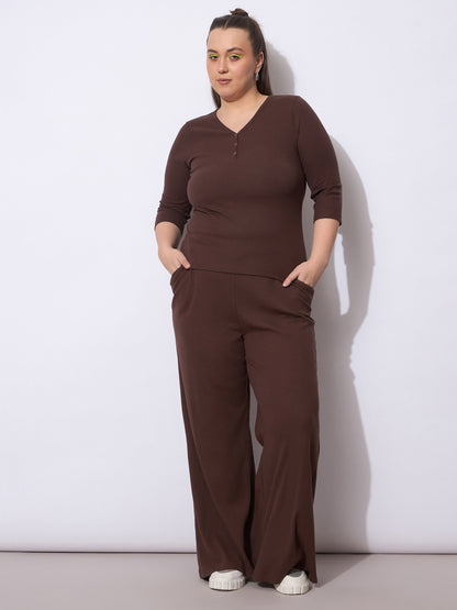 Dark Brown Rib Straight Pants With V Neck Top