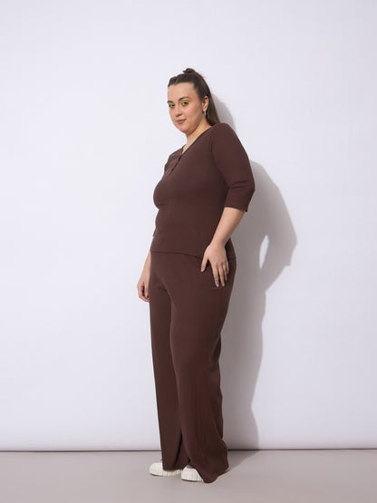 Dark Brown Rib Straight Pants With V Neck Top