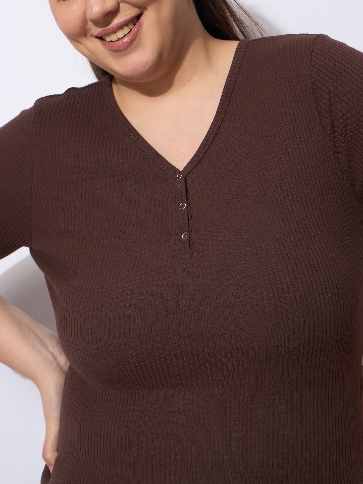 Dark Brown Rib Straight Pants With V Neck Top