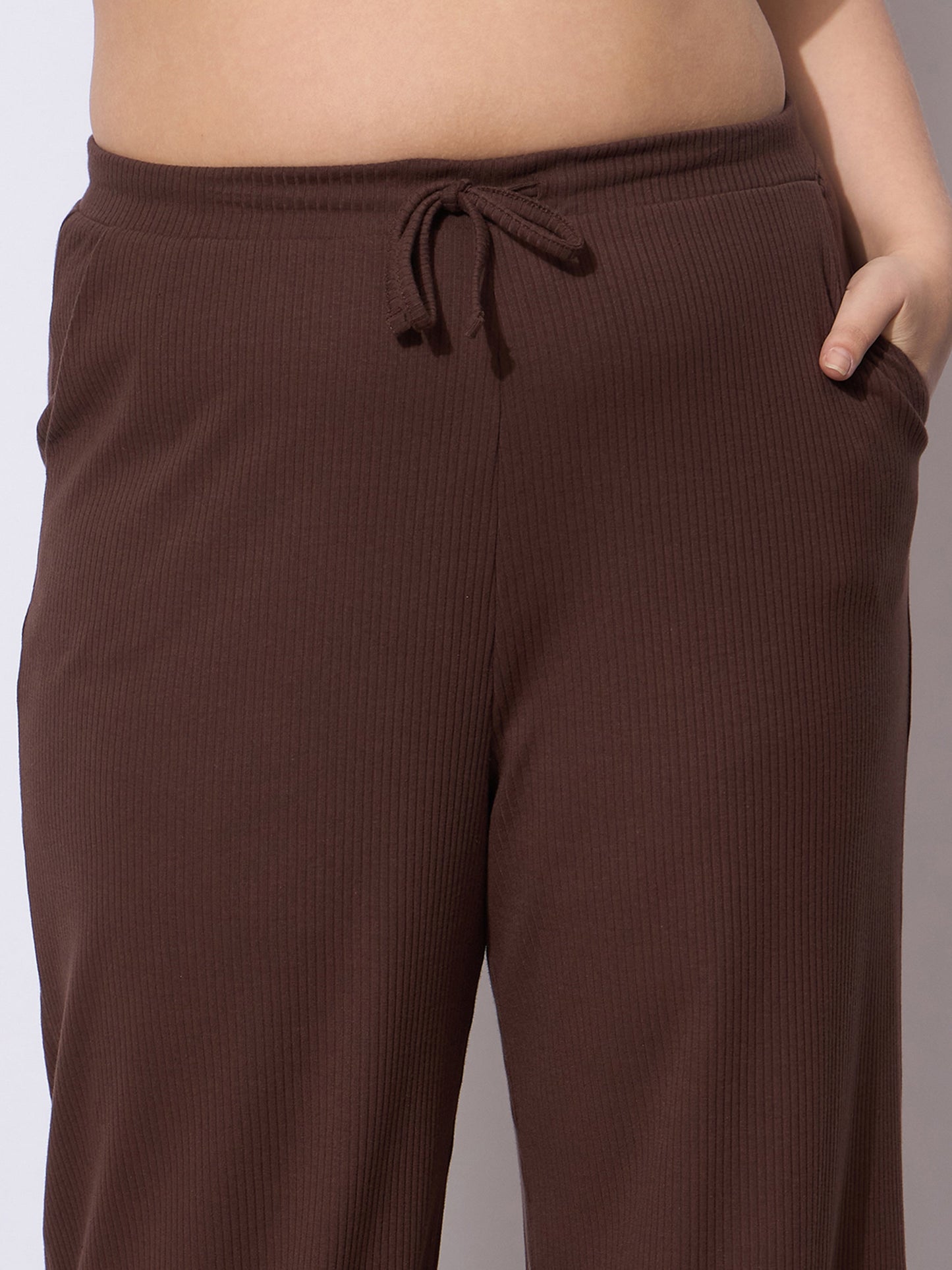 Dark Brown Rib Straight Pants With V Neck Top