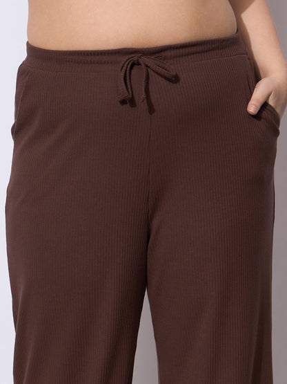 Dark Brown Rib Straight Pants With V Neck Top