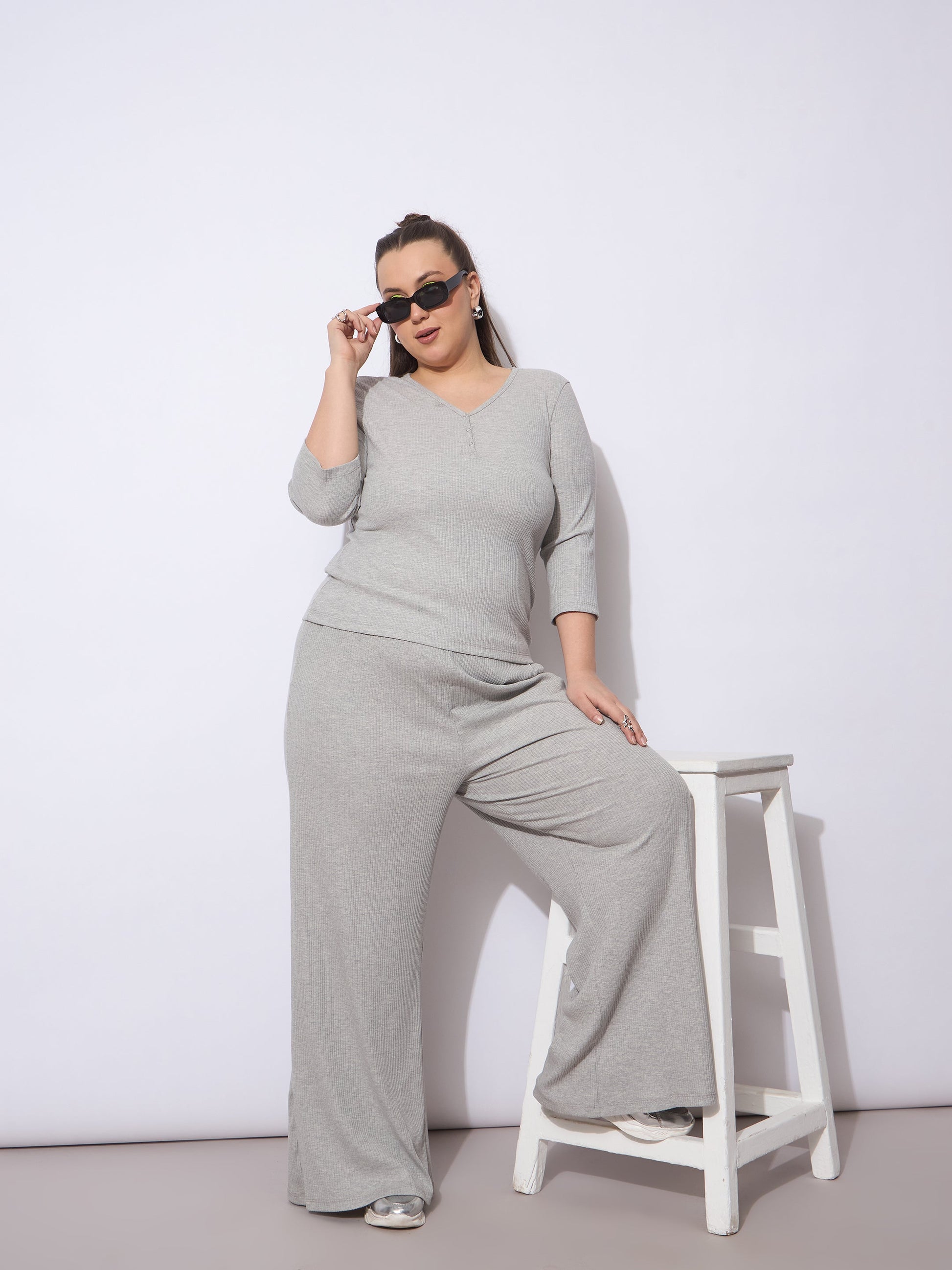 Plus size women's Grey Polycotton Grey Rib Straight Pants With V Neck Top by Sassafras Curve for wholesale buyers, boutiques, resellers and bulk