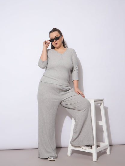 Plus size women's Grey Polycotton Grey Rib Straight Pants With V Neck Top by Sassafras Curve for wholesale buyers, boutiques, resellers and bulk