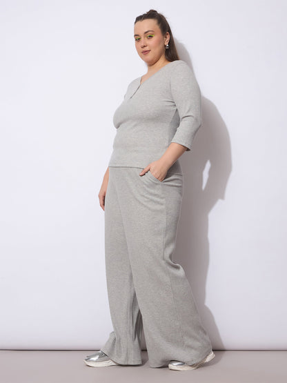 Grey Rib Straight Pants With V Neck Top -SASSAFRAS Curve