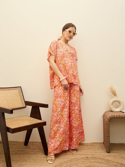 Women Orange Paisley V-Neck Top With Flared Pants