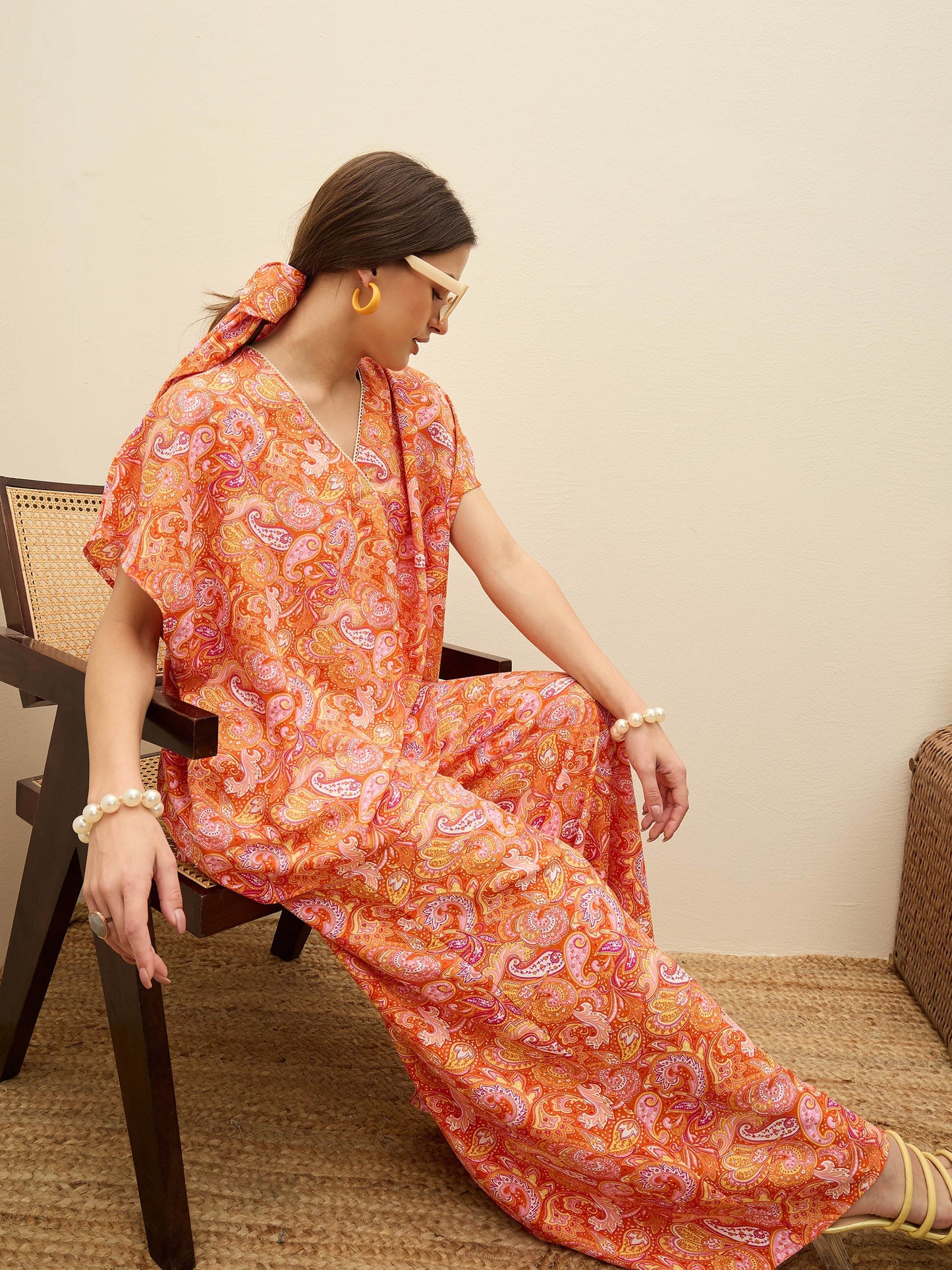 Women Orange Paisley V-Neck Top With Flared Pants