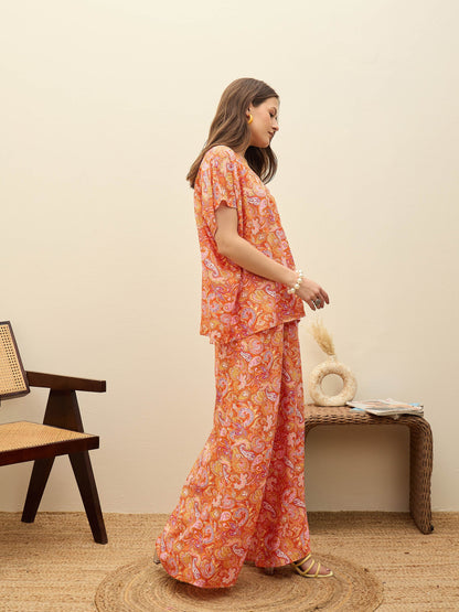 Women Orange Paisley V-Neck Top With Flared Pants