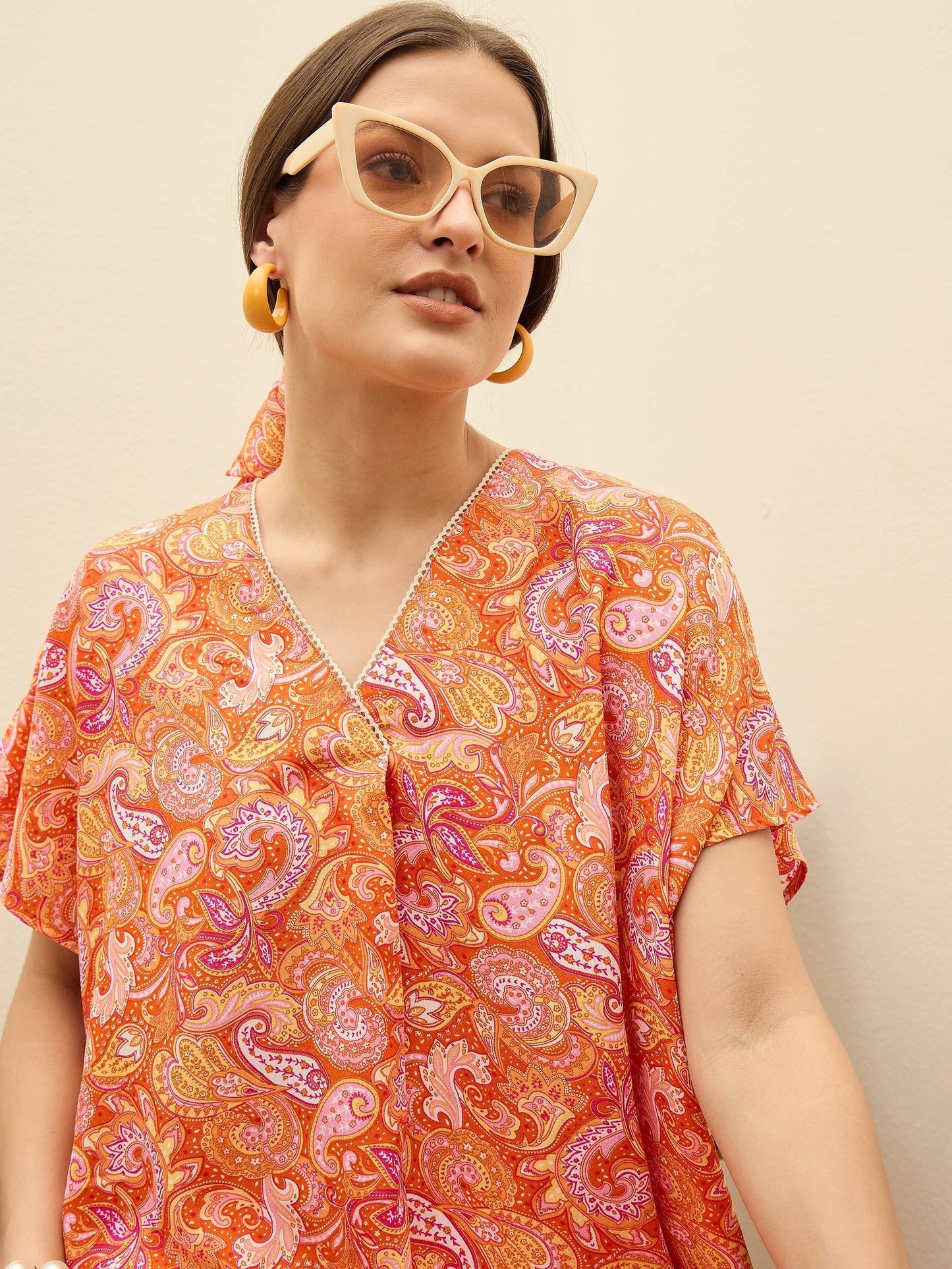 Women Orange Paisley V-Neck Top With Flared Pants