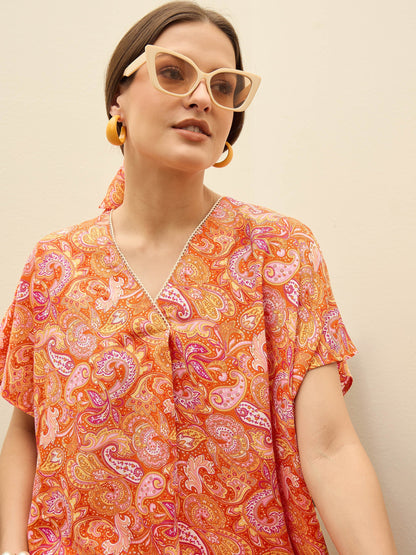 Women Orange Paisley V-Neck Top With Flared Pants
