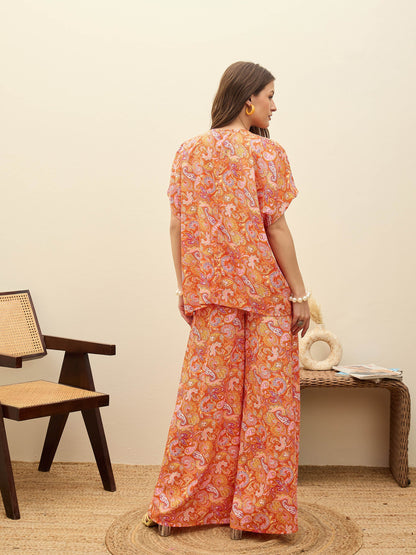 Women Orange Paisley V-Neck Top With Flared Pants