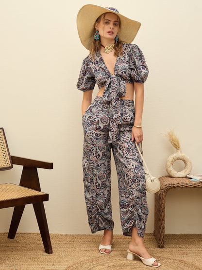 Women Navy Blue Paisley Printed Crop Top With Joggers