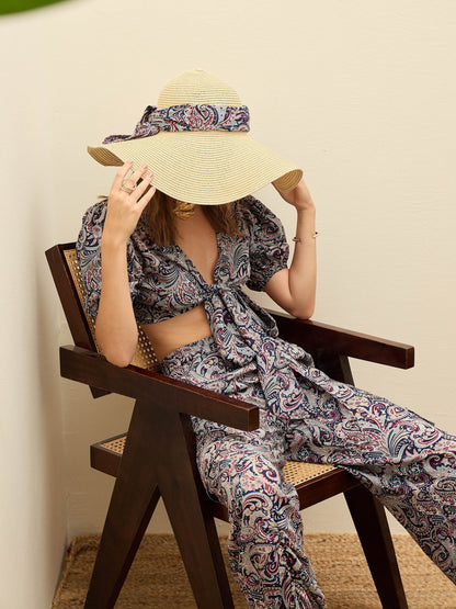 Women Navy Blue Paisley Printed Crop Top With Joggers