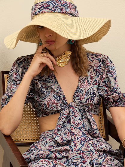 Women Navy Blue Paisley Printed Crop Top With Joggers