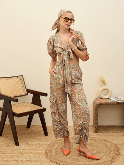 Women Peach Paisley Printed Crop Top With Joggers