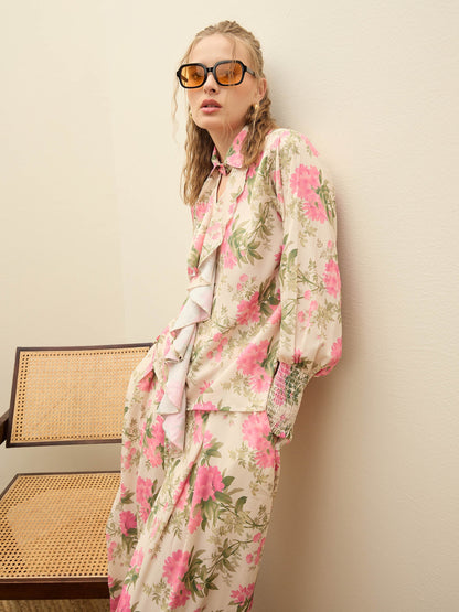 Women Beige Floral Top With Flared Pants