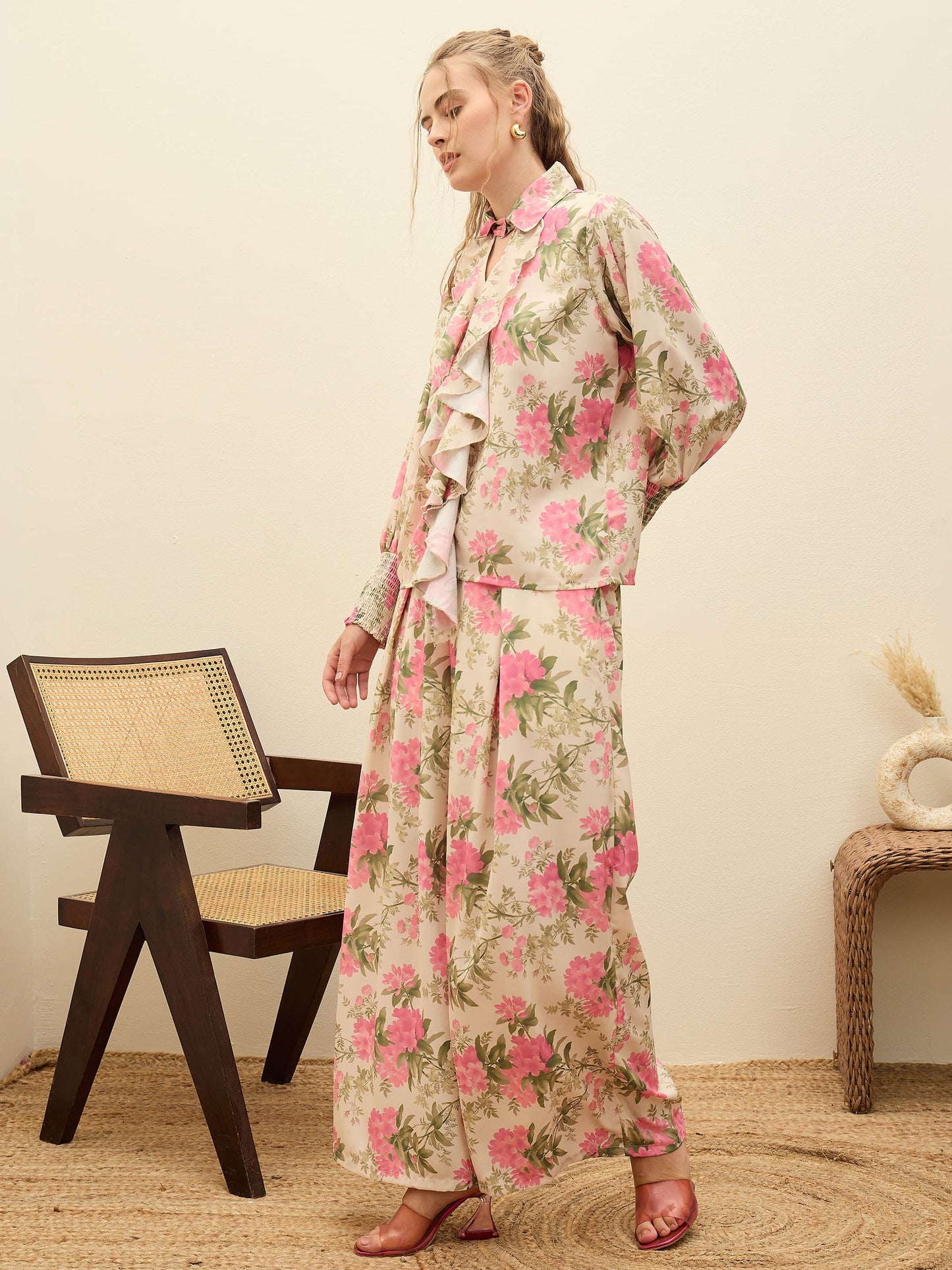 Women Beige Floral Top With Flared Pants