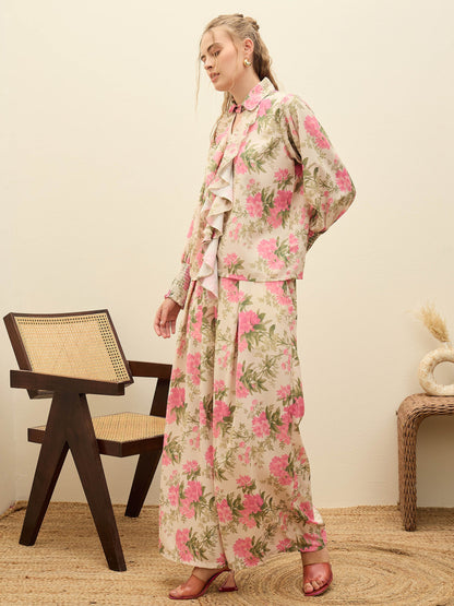 Women Beige Floral Top With Flared Pants