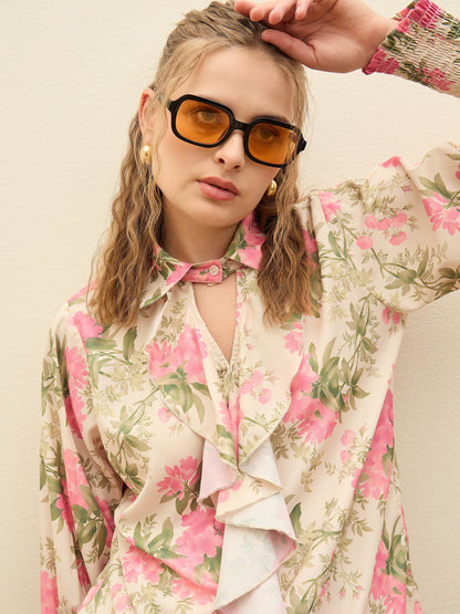 Women Beige Floral Top With Flared Pants