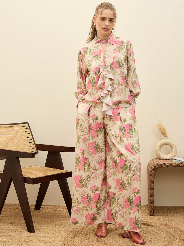 Women Beige Floral Top With Flared Pants
