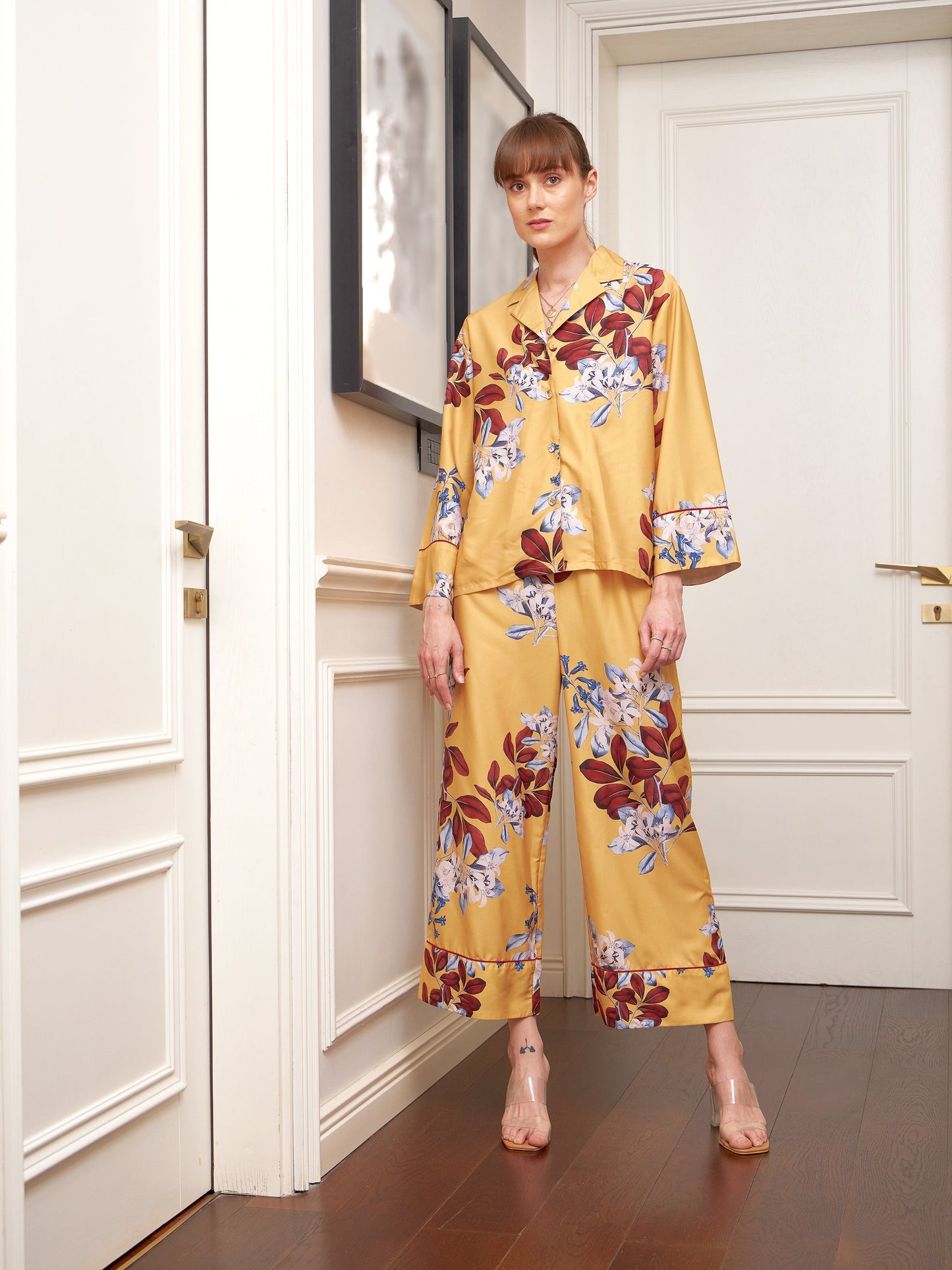 Yellow Floral Notch Collar Shirt With Lounge Pants