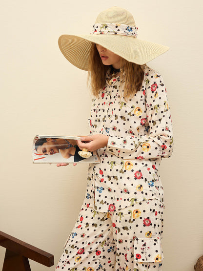 Women Beige Floral Oversize Shirt With Cargo Pocket Pants