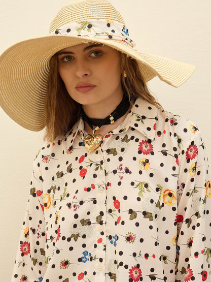 Women Beige Floral Oversize Shirt With Cargo Pocket Pants