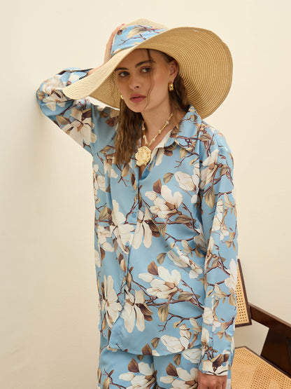 Women Blue Floral Oversize Shirt With Cargo Pocket Pants