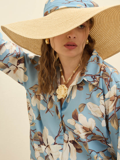 Women Blue Floral Oversize Shirt With Cargo Pocket Pants