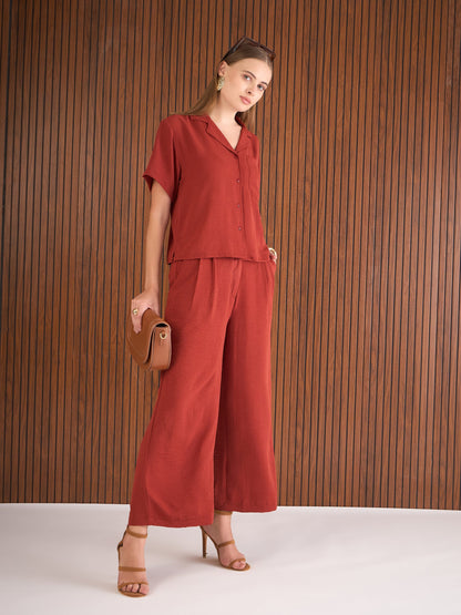 Women Rust Notch Collar Top With Straight Pants