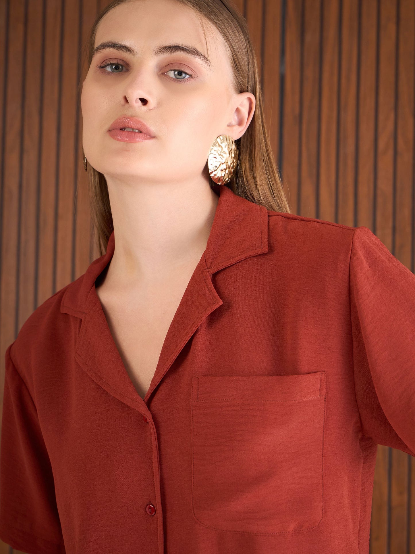 Women Rust Notch Collar Top With Straight Pants