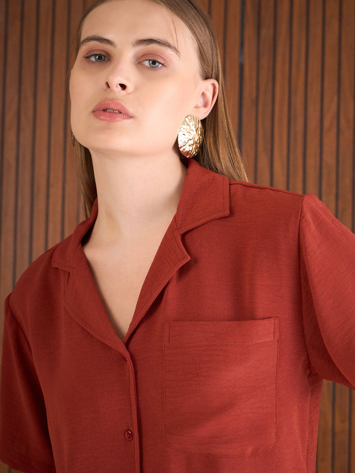 Women Rust Notch Collar Top With Straight Pants