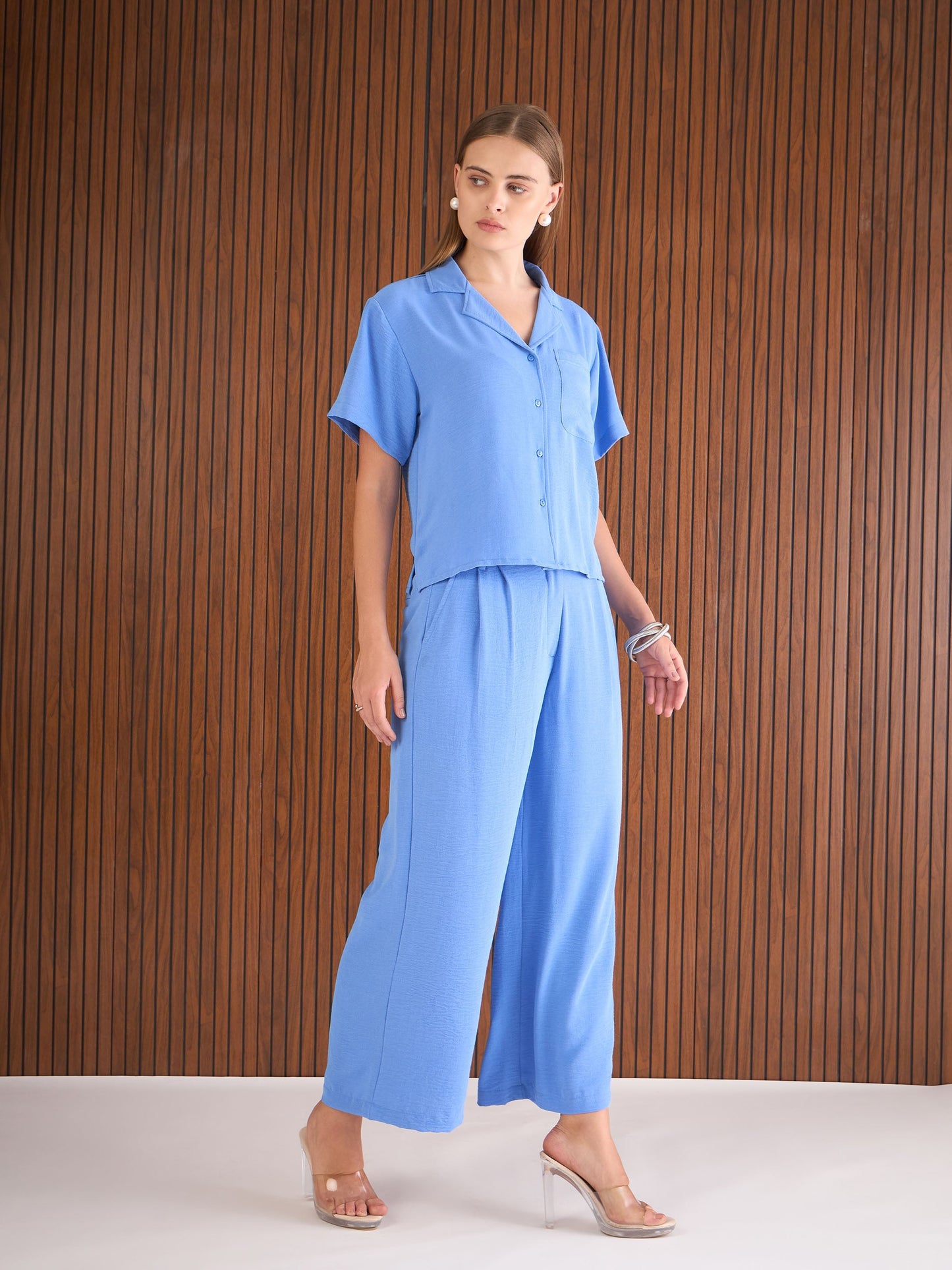 Women Blue Notch Collar Top With Straight Pants