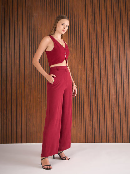 Women Maroon Waistcoat Top With Straight Pants