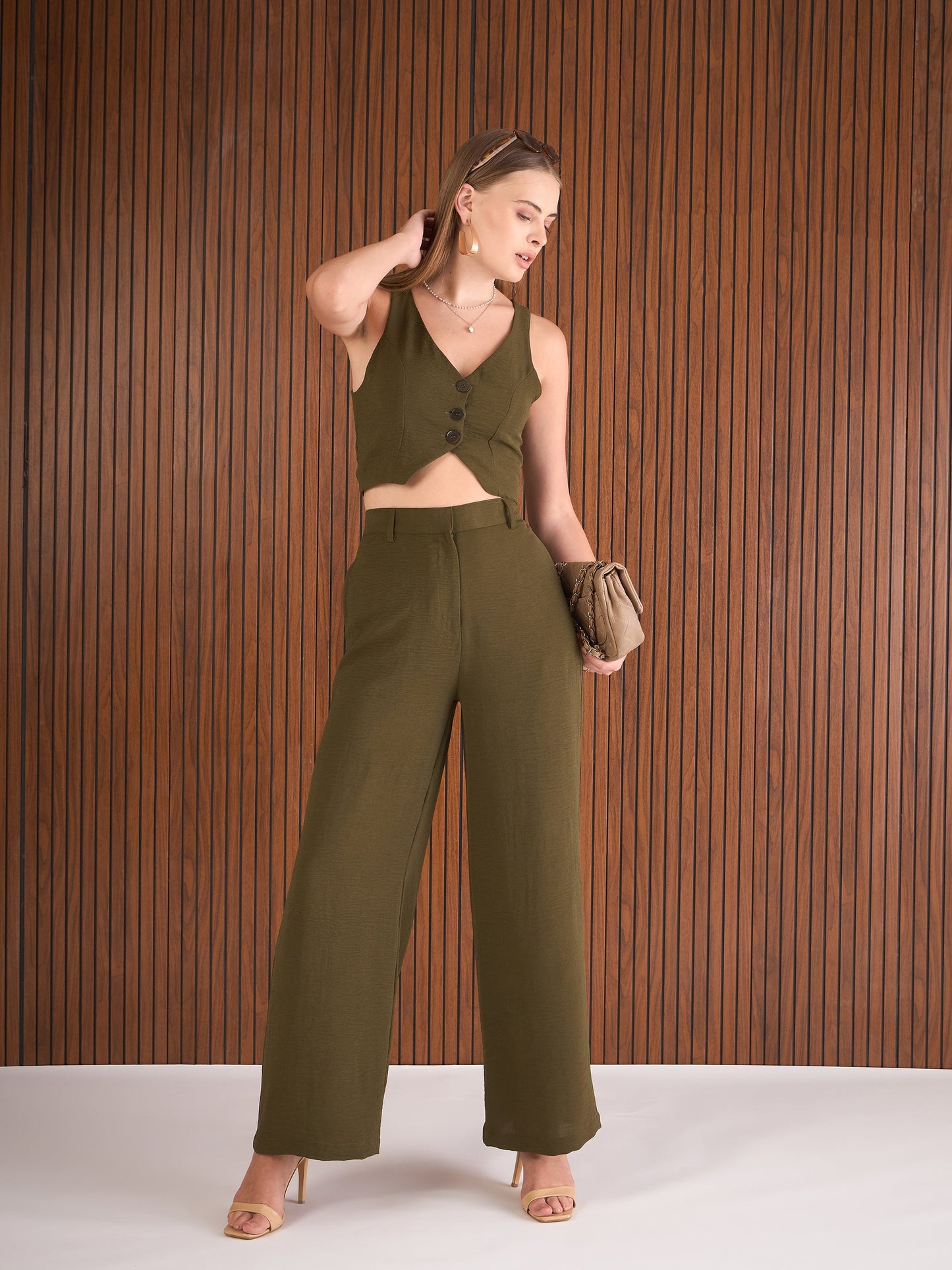 Women Olive Waistcoat Top With Straight Pants