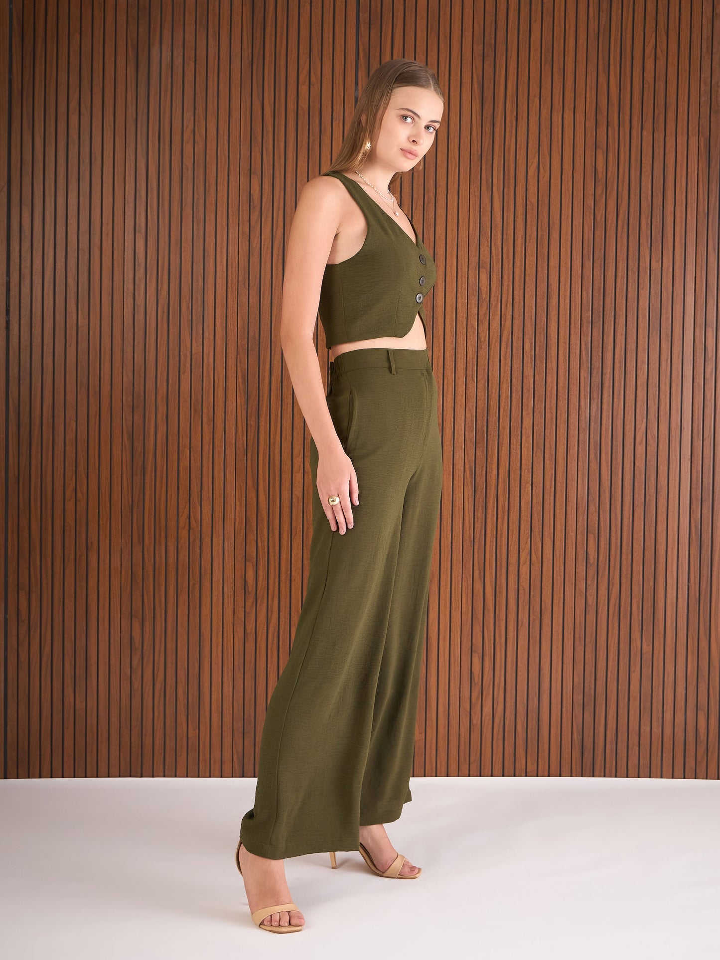 Women Olive Waistcoat Top With Straight Pants