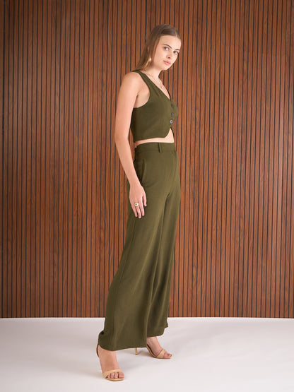 Women Olive Waistcoat Top With Straight Pants