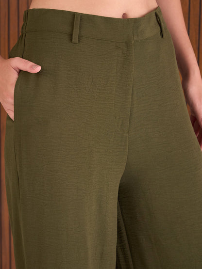 Women Olive Waistcoat Top With Straight Pants