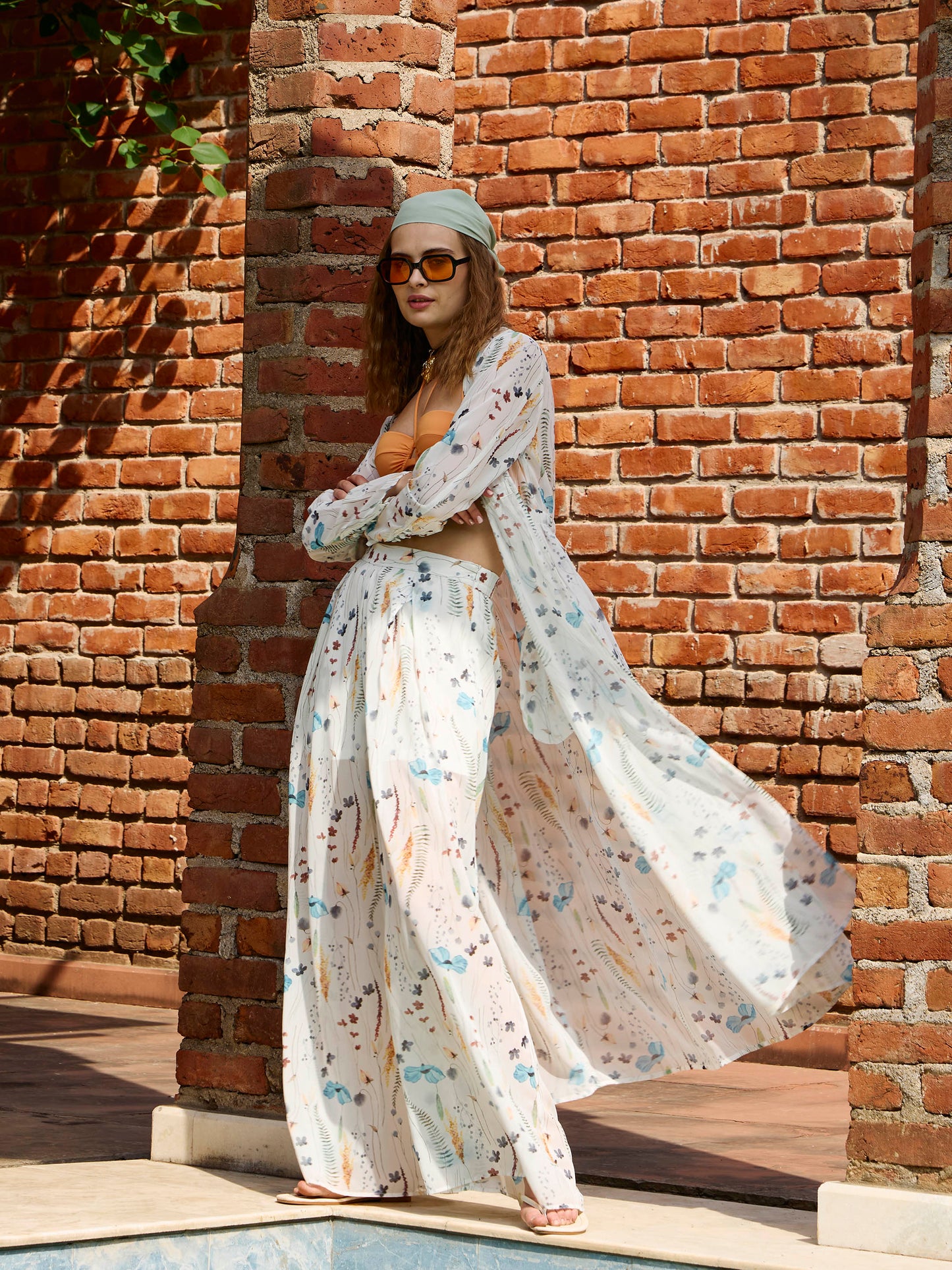 Women White Ditsy Floral Long Top With Flared Pants