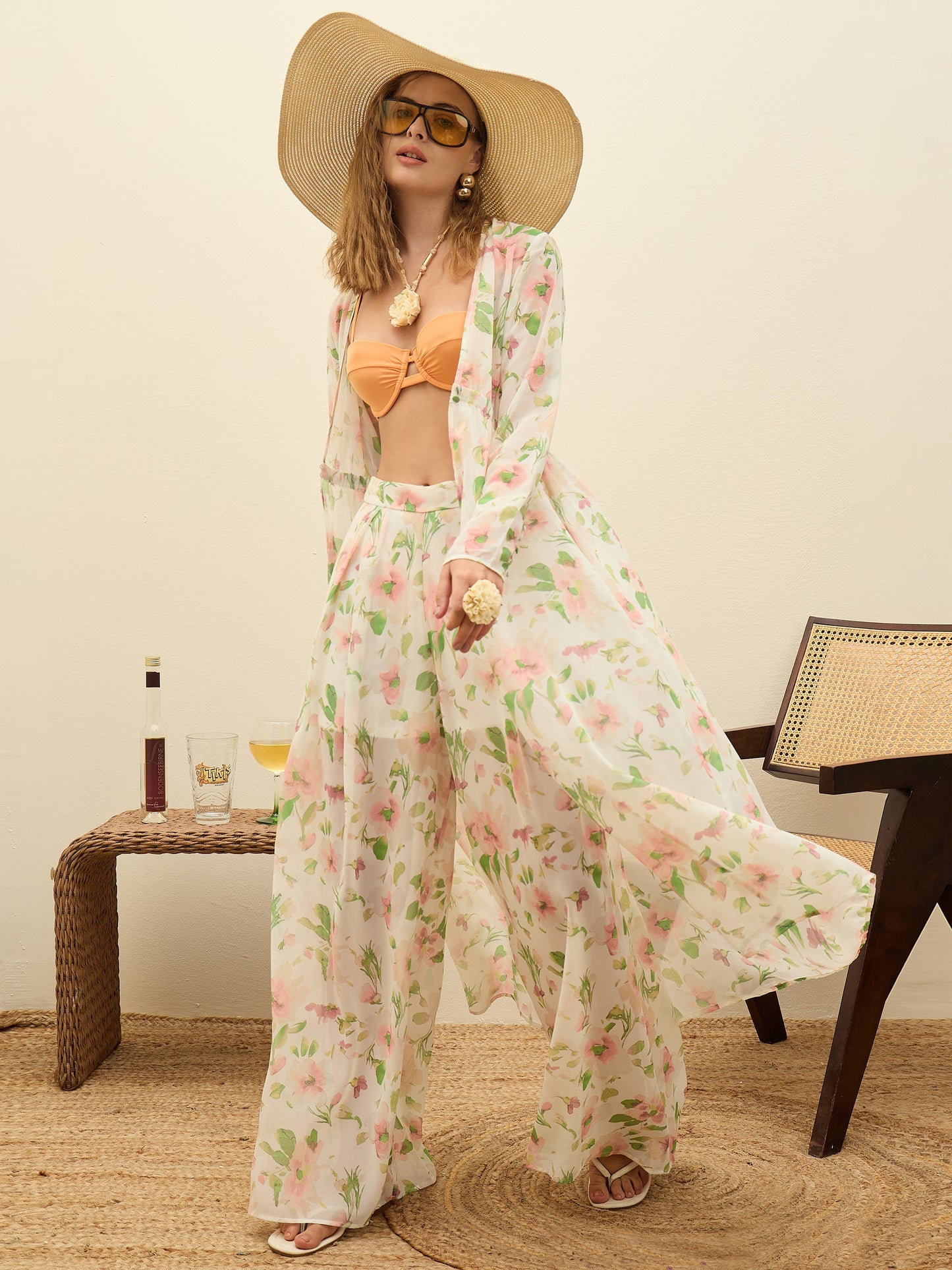 Women White Floral Long Top With Flared Pants