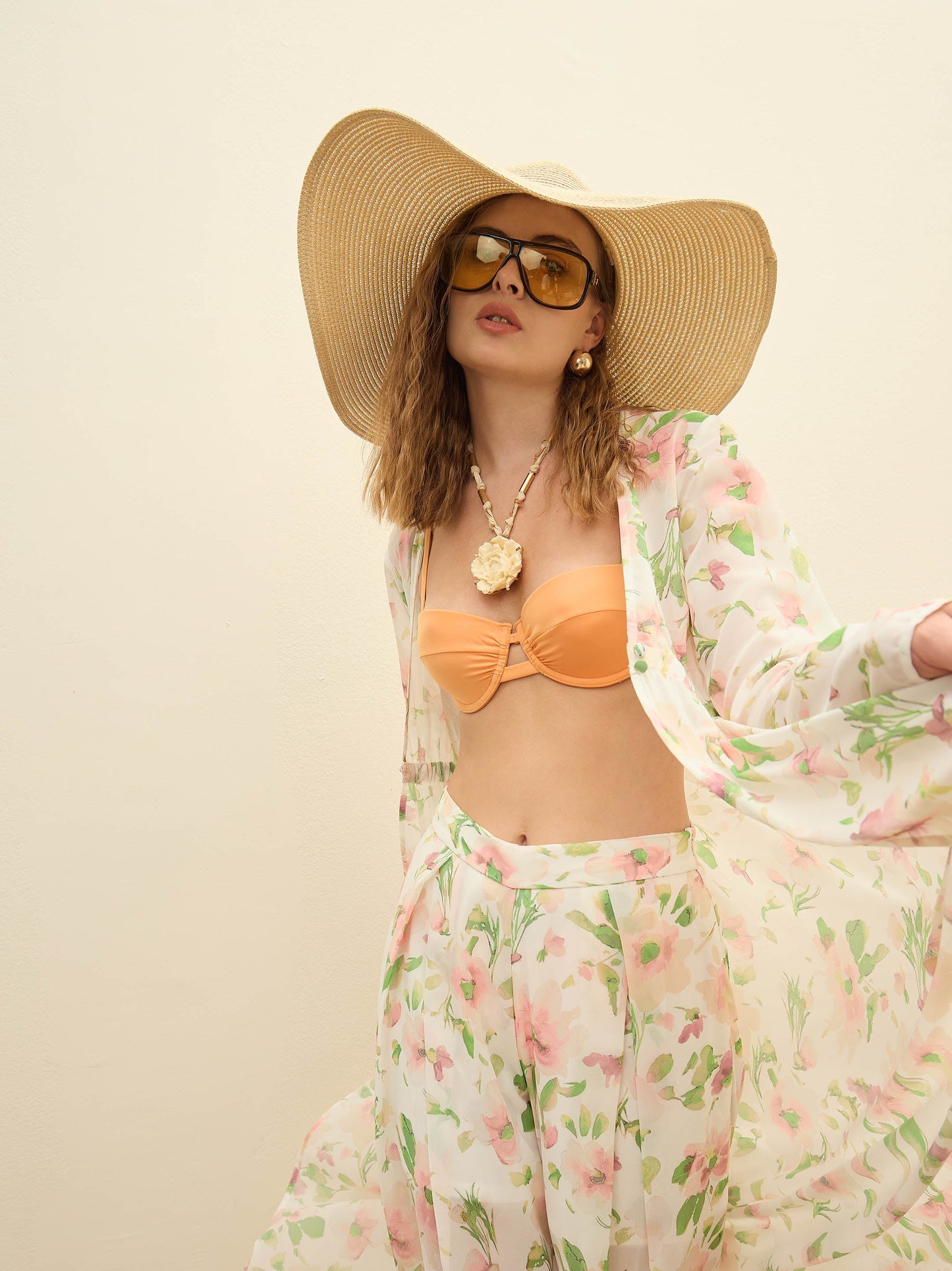 Women White Floral Long Top With Flared Pants