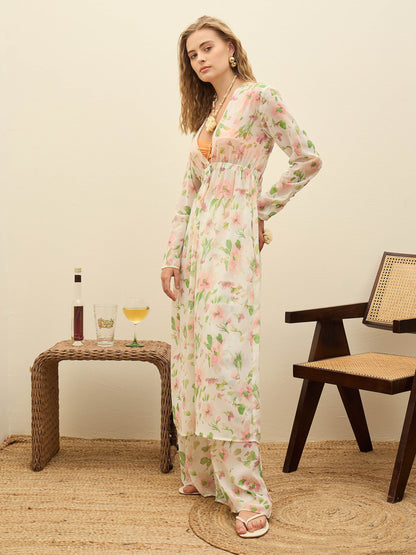 Women White Floral Long Top With Flared Pants